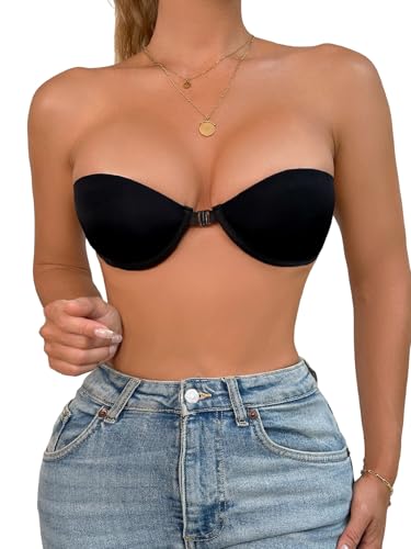 GORGLITTER Damen Trägerloser BH Push Up Bralette mit Bügel Unterwäsche mit Vorderverschluss Rückenfrei Bra ohne Träger Bequem BHS mit Geformte Cups Schwarz L von GORGLITTER