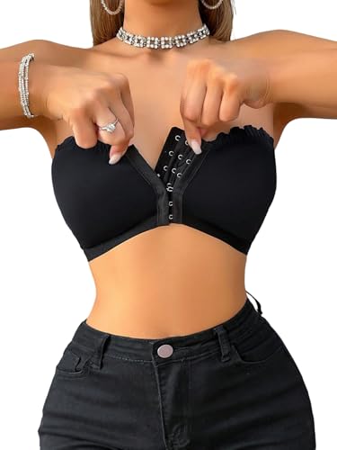 GORGLITTER Damen Trägerloser BH Push up Bra mit Verschluss Vorne Bandeau-BH Ohne Bügel Nahtloser Gepolsterter Bustier Tube Top Schwarz M von GORGLITTER
