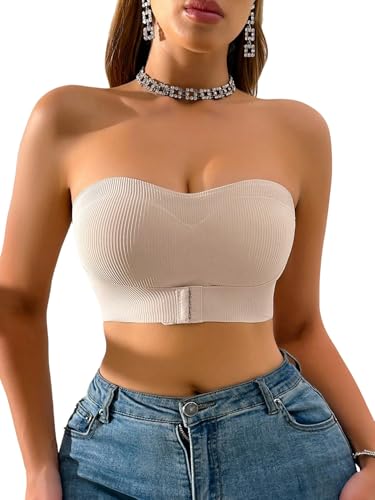 GORGLITTER Damen Trägerloser BH Vorderverschluss Push-Up Bralette Bandeau Top Strapless Bra ohne Bügel Mikro Crop Bustier Elastizität Unterwäsche Aprikosenfarben L von GORGLITTER