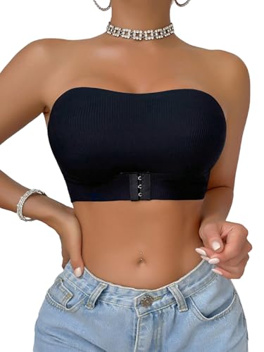 GORGLITTER Damen Trägerloser BH Vorderverschluss Push-Up Bralette Bandeau Top Strapless Bra ohne Bügel Mikro Crop Bustier Elastizität Unterwäsche Schwarz XL von GORGLITTER