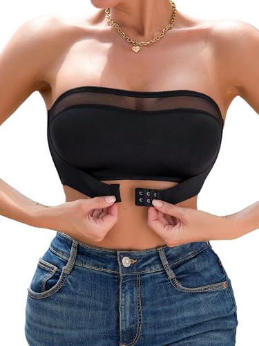 GORGLITTER Damen Trägerloser BH mit Vorderverschluss Push Up Bra ohne Bügel Rückenfrei BHS Bügellos Bralette mit Mesh Klassische Unterwäsche Schwarz L von GORGLITTER