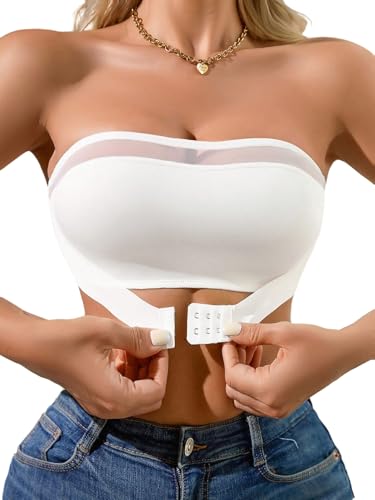 GORGLITTER Damen Trägerloser BH mit Vorderverschluss Push Up Bra ohne Bügel Rückenfrei BHS Bügellos Bralette mit Mesh Klassische Unterwäsche Weiß M von GORGLITTER