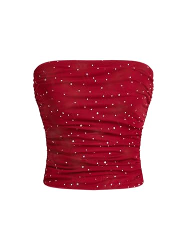 GORGLITTER Damen Trägerloses Top Crop Tops Bauchfrei Oberteil mit Strass Partytop Rave Festival Outfit Schulterfrei Tops Sommertop Rosenrot XL von GORGLITTER