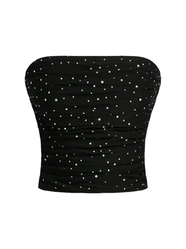 GORGLITTER Damen Trägerloses Top Crop Tops Bauchfrei Oberteil mit Strass Partytop Rave Festival Outfit Schulterfrei Tops Sommertop Schwarz L von GORGLITTER