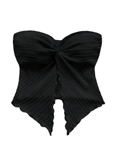 GORGLITTER Damen Trägerloses Top Sommer Croptop Bauchfrei Oberteil Y2K Schulterfrei Tops Rave Partytop Festival Outfit Sommertop mit Schlitz Schwarz S von GORGLITTER