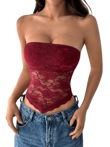 GORGLITTER Damen Trägerloses Top Tube Tops Spitzentop Y2k Oberteil Schulterfrei Asymmetrisch Bandeau-Top Bordeaux M von GORGLITTER