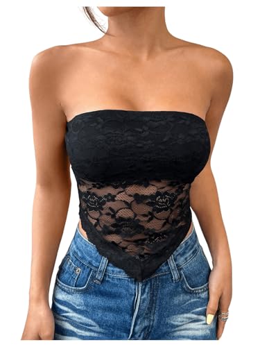 GORGLITTER Damen Trägerloses Top Tube Tops Spitzentop Y2k Oberteil Schulterfrei Asymmetrisch Bandeau-Top Schwarz L von GORGLITTER