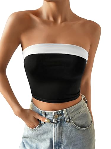 GORGLITTER Damen Trägerloses Top Y2K Crop Top Schulterfrei Oberteile Bauchfrei Tube Top Ärmelloses Sommertop Partytop Schwarz und Weiß XS von GORGLITTER