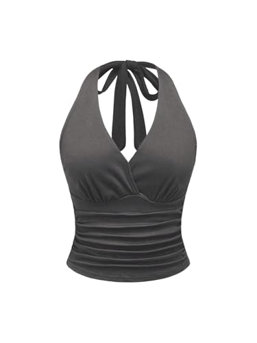 GORGLITTER Damen Trägertop mit Leopardmuster Y2K Top Festival Outfit Oberteil Neckholder Partytop Dunkelgrau XL von GORGLITTER