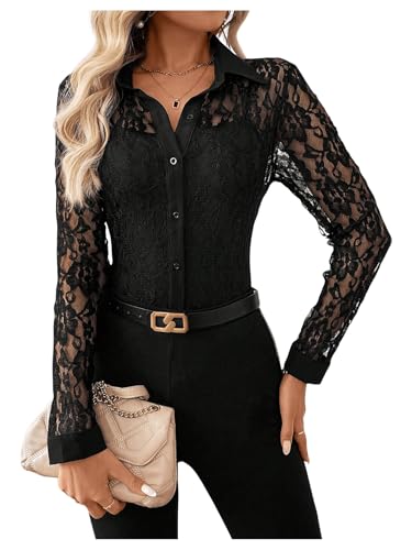 GORGLITTER Damen Transparent Bluse Hemd Elegant Spitzenshirt Langarm Oberteil Spitze Damenbluse Button Dowm Langarmshirts Schwarz L von GORGLITTER