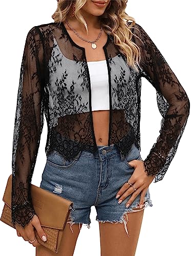 GORGLITTER Damen Transparent Cardigans offener Front Kurze Spitzen Jacke Langarm Jäckchen mit Spitzen Schwarz M von GORGLITTER