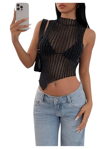 GORGLITTER Damen Transparent Mesh Oberteil Glitzer Tops Y2K Crop Tops Bauchfrei Netzshirt Ärmellos Party Festival Outfit Sommertop Schwarz S von GORGLITTER