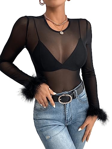 GORGLITTER Damen Transparent Oberteil Rundhals Mesh Langarmshirt Stretch Tops mit Kunstfell Schwarz L von GORGLITTER