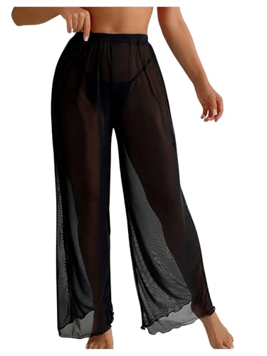 GORGLITTER Damen Transparent Palazzo Hosen Festival Outfit Hose Netz Rave Hose Partyhose Srandhose Durchsichtige Hose mit elastischem Bund Schwarz XL von GORGLITTER