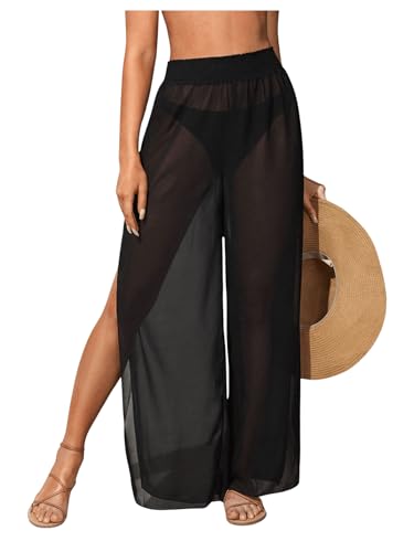 GORGLITTER Damen Transparent Palazzo Hosen Festival Outfit Hose Rave Hose Partyhose Srandhose Durchsichtige Hose mit elastischem Bund Schwarz M von GORGLITTER