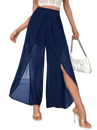 GORGLITTER Damen Transparent Palazzo Hosen Sommer Outfit Hose mit Schlitz Breites Bein Hose Freizeithose Srandhose Locker Hose mit elastischem Bund Dunkelblau L GORGLITTER Damen Transparent Palazzo Hosen Sommer Outfit Hose mit Schlitz Breites Bein Hose Freizeithose Srandhose Locker Hose mit elastischem Bund Dunkelblau L von GORGLITTER