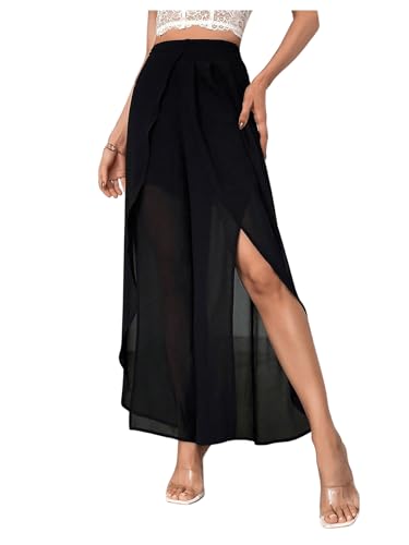GORGLITTER Damen Transparent Palazzo Hosen Sommer Outfit Hose mit Schlitz Breites Bein Hose Freizeithose Srandhose Locker Hose mit elastischem Bund Schwarz S von GORGLITTER