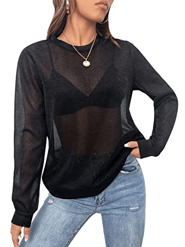 GORGLITTER Damen Transparent Pullover Rundkragen Oberteil Durchsichtig Glitzer Langarmshirts ohne BH Schwarz L von GORGLITTER