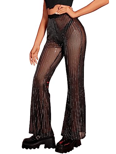 GORGLITTER Damen Transparent Schlaghose Kontrast Pailletten Elastischer Bund Mesh Lange Hosen Transparent Partyhose Schwarz M von GORGLITTER