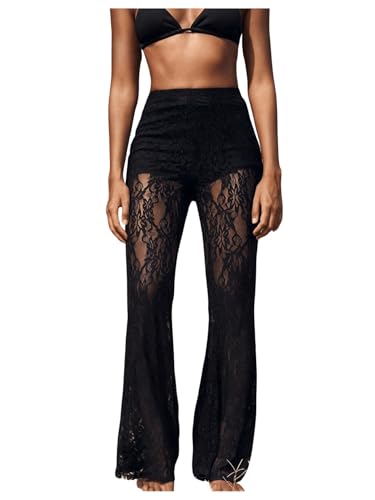 GORGLITTER Damen Transparent Schlaghose Spitzenhose Elastischer Bund Lange Hosen Musikfestival Outfit Hosen mit Spitzen Schwarz XL von GORGLITTER