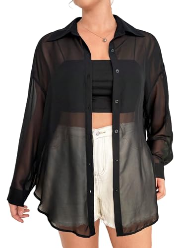 GORGLITTER Damen Transparente Bluse Luftig Hemdshirt Curvy Blusen Casaul Oberteil Oversized Hemdbluse Cardigan mit Drop Shoulder Schwarz 1XL von GORGLITTER