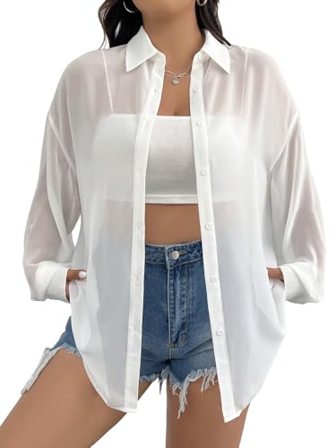 GORGLITTER Damen Transparente Bluse Luftig Hemdshirt Curvy Blusen Casaul Oberteil Oversized Hemdbluse Cardigan mit Drop Shoulder Weiß 1XL von GORGLITTER