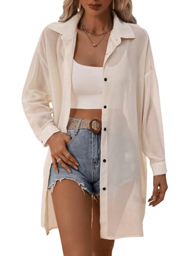 GORGLITTER Damen Transparente Bluse Mesh Hemdshirt Button Down Locker Oberteil Lange Chiffonbluse Hemdbluse Aprikosenfarben M von GORGLITTER