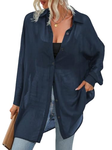 GORGLITTER Damen Transparente Bluse Mesh Hemdshirt Button Down Locker Oberteil Lange Chiffonbluse Hemdbluse ohne BH Dunkelblau L von GORGLITTER