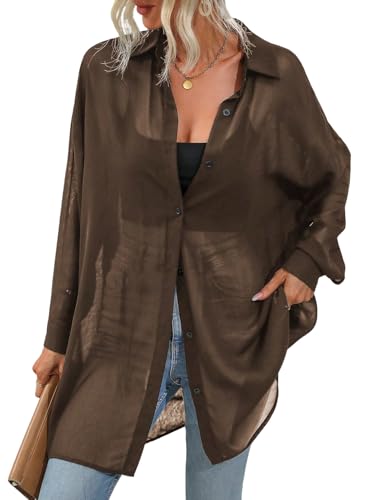 GORGLITTER Damen Transparente Bluse Mesh Hemdshirt Button Down Locker Oberteil Lange Chiffonbluse Hemdbluse ohne BH Kaffeebraun XS GORGLITTER Damen Transparente Bluse Mesh Hemdshirt Button Down Locker Oberteil Lange Chiffonbluse Hemdbluse ohne BH Kaffeebraun XS von GORGLITTER