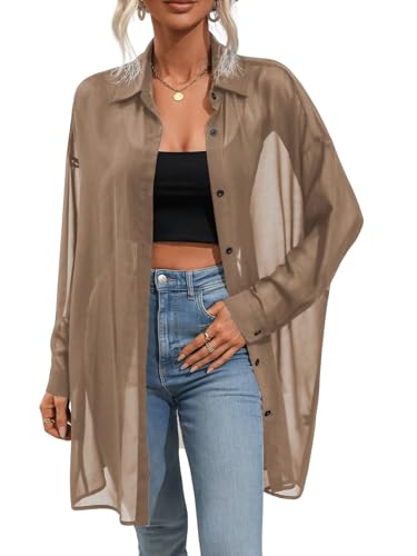 GORGLITTER Damen Transparente Bluse Mesh Hemdshirt Button Down Locker Oberteil Lange Chiffonbluse Hemdbluse Khaki L von GORGLITTER