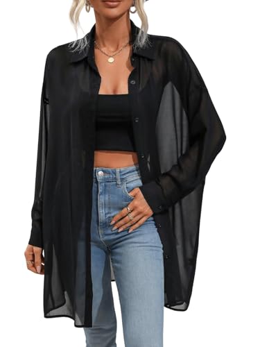 GORGLITTER Damen Transparente Bluse Mesh Hemdshirt Button Down Locker Oberteil Lange Chiffonbluse Hemdbluse Schwarz M von GORGLITTER