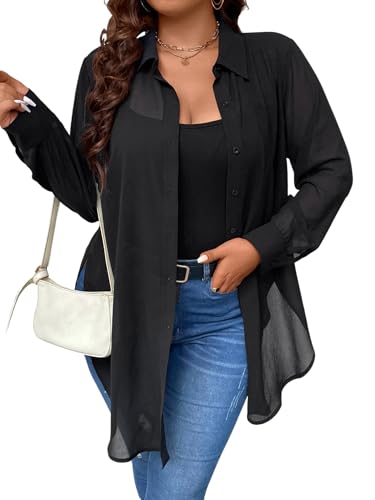 GORGLITTER Damen Transparente Bluse Mesh Hemdshirt Knöpfen Blusen Casaul Oberteil Oversized Hemdbluse Locker Netzstoff Langarmshirt Schwarz 3XL von GORGLITTER