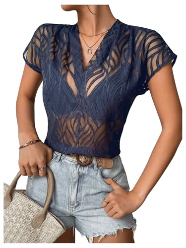 GORGLITTER Damen Transparente Blusen Chiffonbluse V-Ausschnitt Kurzarmshirts Bluse Mesh-Oberteile Tshirt Dunkelblau M von GORGLITTER