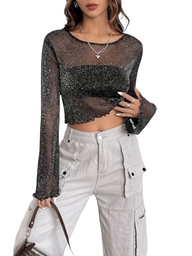 GORGLITTER Damen Transparenter Mesh Oberteil Glitzer Netzstoff Tops Crop T-Shirt Netzshirt Langarmshirt mit Wellensaum Grau XS von GORGLITTER