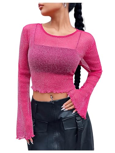 GORGLITTER Damen Transparenter Mesh Oberteil Glitzer Netzstoff Tops Crop T-Shirt Netzshirt Langarmshirt mit Wellensaum Heißes Pink L von GORGLITTER