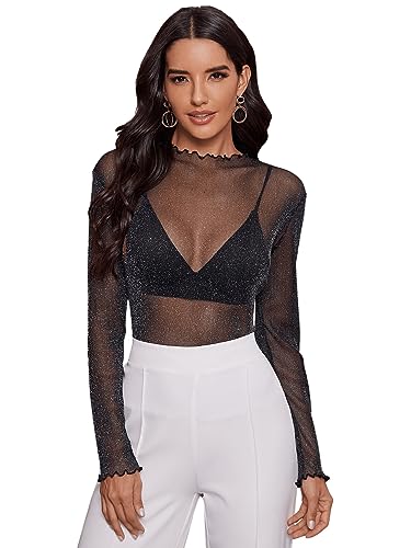 GORGLITTER Damen Transparenter Mesh Oberteil Netzstoff Tops Langarmshirt Netzshirt Wellensaum T-Shirt mit Glitzer Schwarz S von GORGLITTER