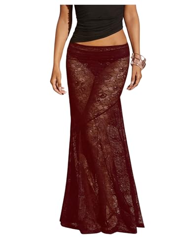 GORGLITTER Damen Transparenter Rock Lang Spitzen Maxirock Festivals Spitzenrock Langer Partyrock Durchsichtige Röcke mit Fishtail Bordeaux M von GORGLITTER