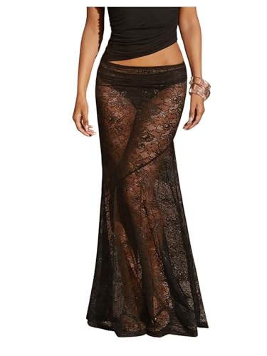 GORGLITTER Damen Transparenter Rock Lang Spitzen Maxirock Festivals Spitzenrock Langer Partyrock Durchsichtige Röcke mit Fishtail Schwarz L von GORGLITTER