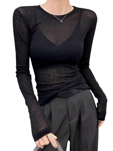 GORGLITTER Damen Transparentes Langarmshirt Elegant Durchsichtig Rundhals T-Shirt Slim Fit Netzoberteil Langarm Shirt Causalshirt Herbst Schwarz XS von GORGLITTER