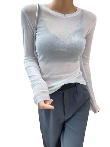 GORGLITTER Damen Transparentes Langarmshirt Elegant Durchsichtig Rundhals T-Shirt Slim Fit Netzoberteil Langarm Shirt Causalshirt Herbst Weiß L von GORGLITTER