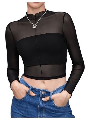 GORGLITTER Damen Transparentes Oberteil Langarm T-Shirts Mesh Crop Top Bauchfrei Langarmshirts Mesh-Top mit Stehkragen Schwarz L von GORGLITTER