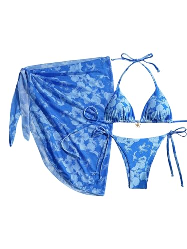 GORGLITTER Damen Triangel Bikini Mit Rock Damen Set 3 Teilig Neckholder Bikini Mit Blumen Muster Hawaii Badeanzug Sommer Bademode Swimsuit Strandmode Blau S von GORGLITTER