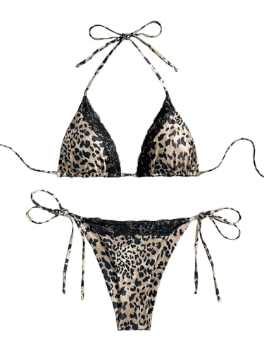 GORGLITTER Damen Triangel Bikini Set Leoparden Muster Badeanzug String Neckholder Bikinis mit Spitze Zweiteiliger Swimsuits Hohe Taille Tanga Bademode Leo M von GORGLITTER