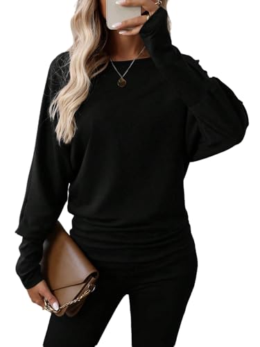 GORGLITTER Damen Tshirt Langarm Causal Langarm T-Shirt mit Fledermausärmel Bequeme Oberteile Rundhals Basic T Shirt Herbst Outfit Schwarz L von GORGLITTER