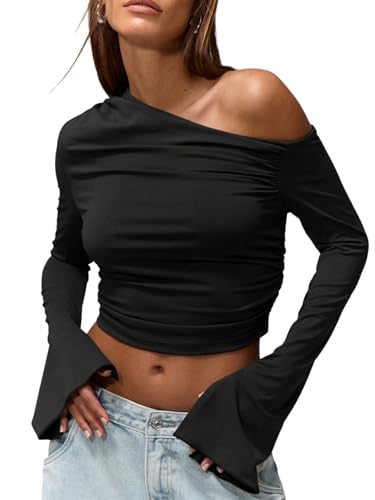 GORGLITTER Damen Tshirt Langarmshirt Elegant Y2K One Off Shoulder Crop Top Schulterfrei Asymmetrischer T-Shirt Bauchfrei Oberteile Schwarz XS von GORGLITTER
