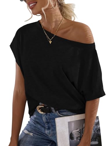 GORGLITTER Damen Tshirt Sommer Elegant Off Shoulder Oberteil Locker Schulterfreies Oberteile mit Fledermausärmel Lässige Kurzarm Shirts Schwarz XS GORGLITTER Damen Tshirt Sommer Elegant Off Shoulder Oberteil Locker Schulterfreies Oberteile mit Fledermausärmel Lässige Kurzarm Shirts Schwarz XS von GORGLITTER