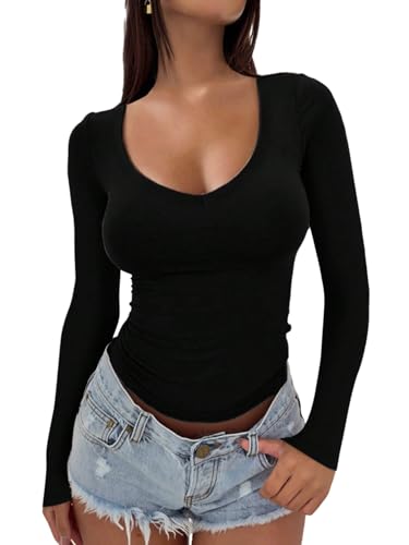 GORGLITTER Damen Tshirts Langarm Langarmshirt Basic Shirt V Ausschnitt Oberteile Herbst T-Shirt Tops Unterhemden Schwarz XXL von GORGLITTER