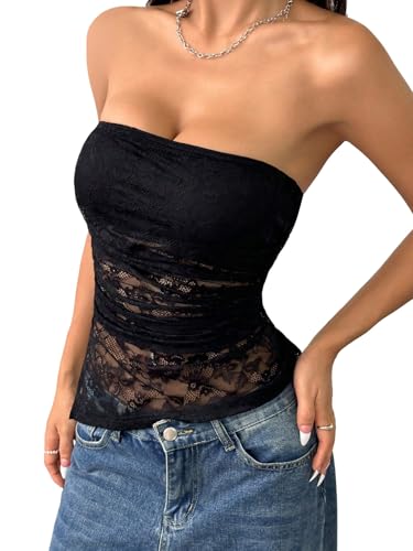 GORGLITTER Damen Tube Top Bandeau Tops Trägerloses Sommertop mit Schlitz Rückenfreies Spitzentop Ärmelloses Partytop Schulterfreie Oberteile Schwarz L von GORGLITTER