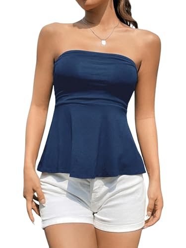 GORGLITTER Damen Tube Top Bauchweg Oberteile Trägerlos Sommertop Lässiges Bandeau-Top Ärmellos Crop Tops Ausgestellt Freizeittop Sommer Urlaubstop Dunkelblau M von GORGLITTER