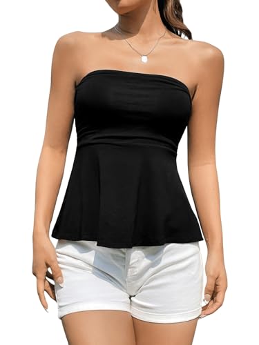 GORGLITTER Damen Tube Top Bauchweg Oberteile Trägerlos Sommertop Lässiges Bandeau-Top Ärmellos Crop Tops Ausgestellt Freizeittop Sommer Urlaubstop Schwarz S von GORGLITTER